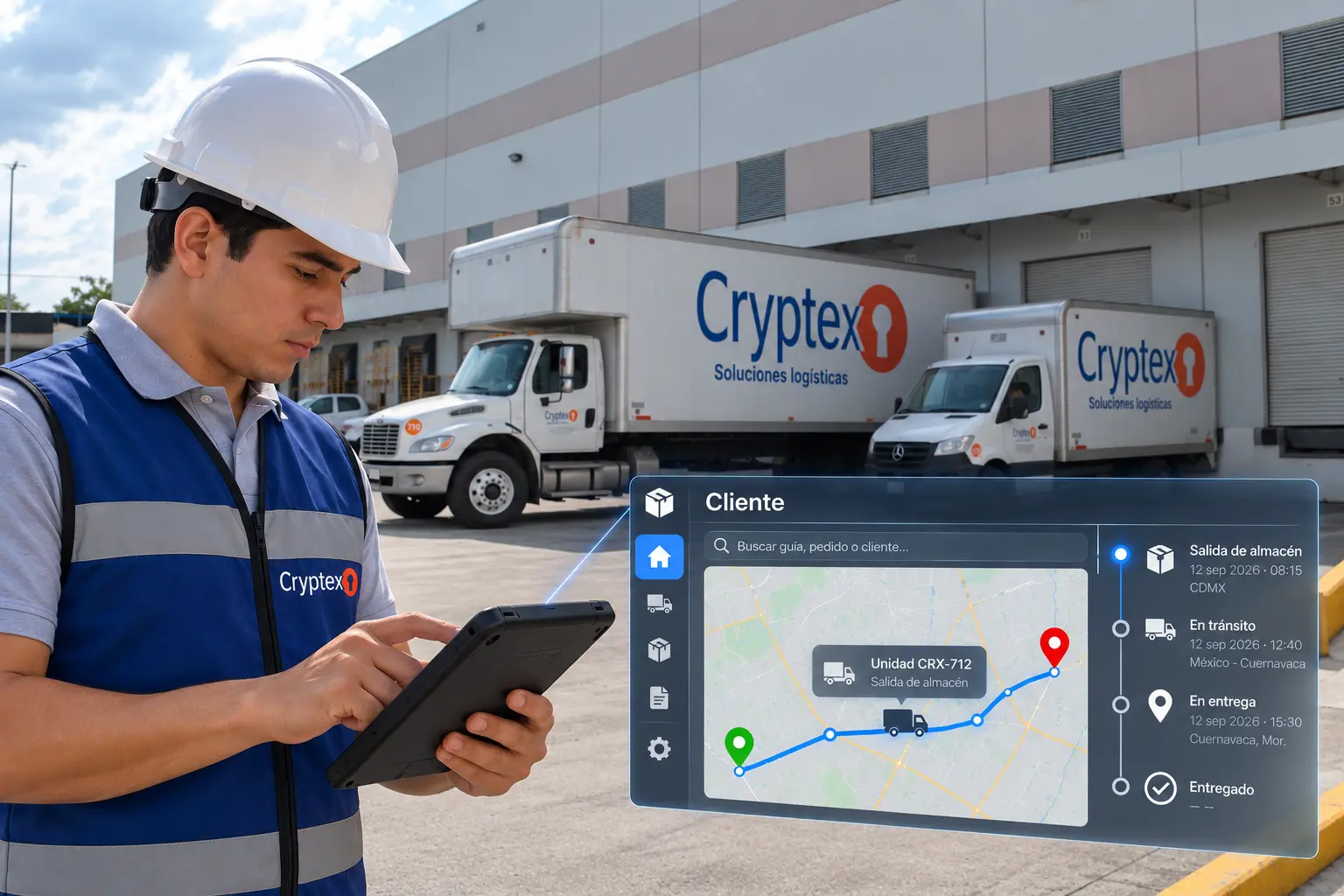 Operador Cryptex monitoreando en tiempo real el estatus de una unidad en ruta