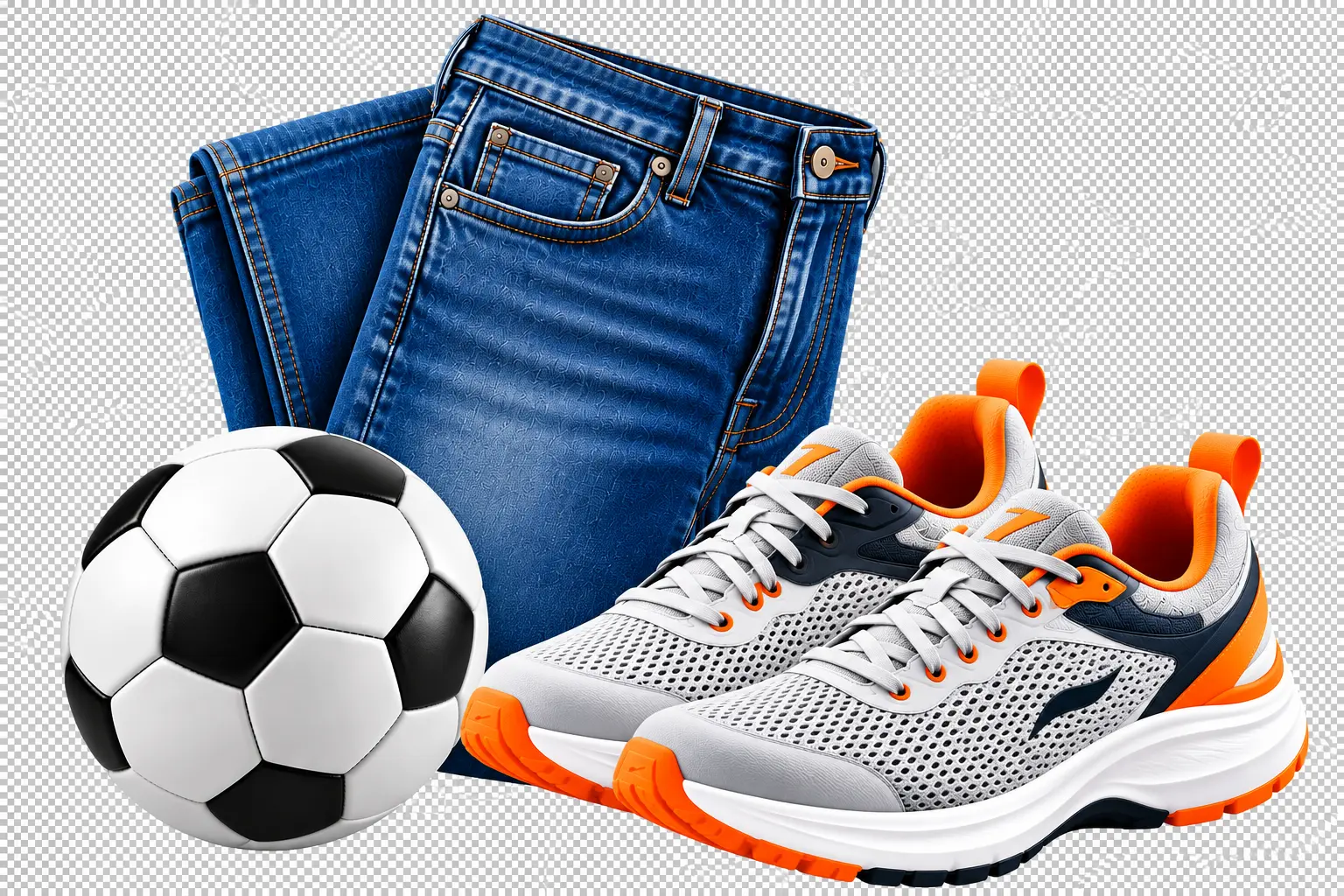 Pantalón de mezclilla, balón y tenis deportivos