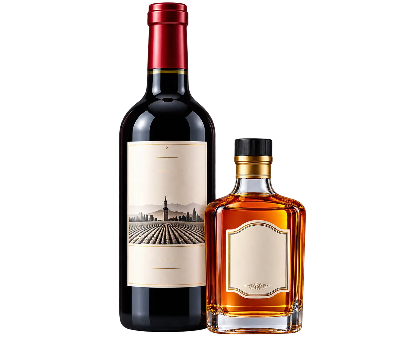 Botella de vino tinto y botella de licor